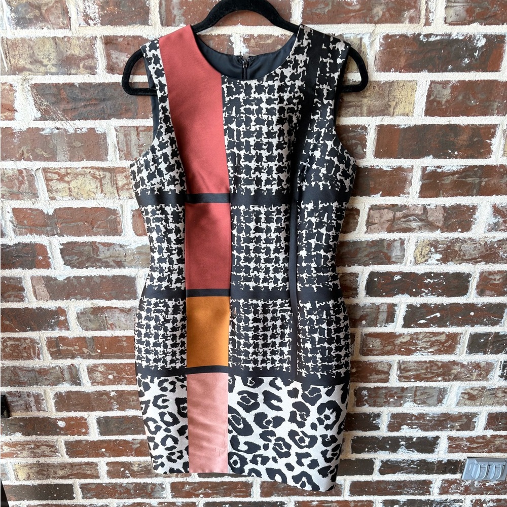 Carmen Marc Valvo Jacquard Brocade Houndstooth Animal Sheath Dress Size 8